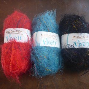 3 Moda Dea Vixen Yarn Colors Licorice Whip, Blue Me Away & 3910 (Red Combo)
